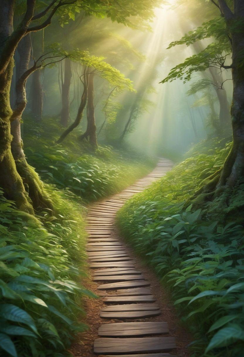 A serene landscape depicting a winding path through a lush forest, symbolizing a patient's journey in oncology. Along the path, diverse patients of various ages and backgrounds share supportive moments, while a gentle light shines down, representing hope and insights. Elements of medical symbols subtly interwoven with nature, like stethoscopes and DNA strands formed from leaves. The atmosphere conveys empowerment and community. vibrant colors. super-realistic.