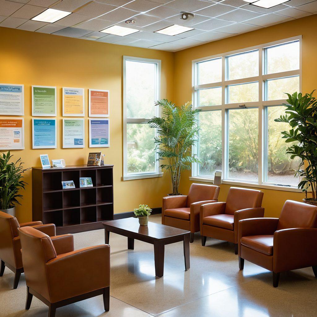 A serene, inviting waiting room filled with supportive materials like brochures and informative posters about health and wellness. A diverse group of patients of different ages and backgrounds engaging in a lively discussion, illustrating empowerment and community. Soft, warm lighting enhances the atmosphere of comfort and hope. Include healing elements like plants and sunlight streaming through a window. super-realistic. vibrant colors. warm tones.