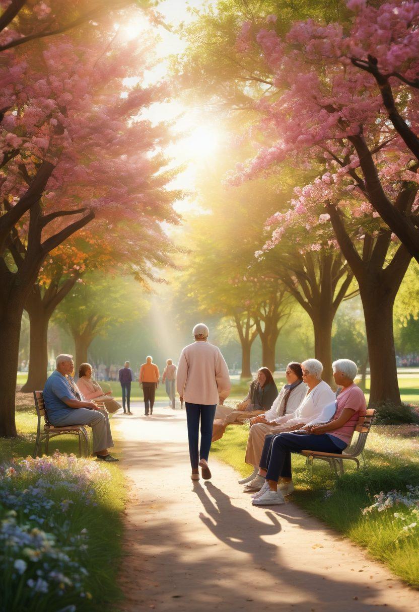 A warm and inviting scene depicting a diverse group of cancer patients and survivors gathering in a serene park, sharing stories and laughter. Include elements like colorful ribbons, supportive gestures, and a background of blooming trees to symbolize hope and resilience. Soft sunlight filtering through leaves to create a comforting atmosphere. super-realistic. vibrant colors. warm tones.